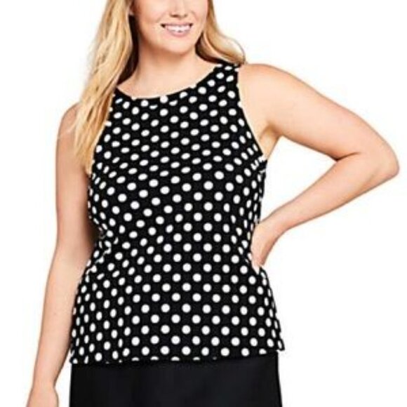 Lands End Black & White Polka Dot High Neck Modest Swimsuit Tankini Top - Picture 1 of 6